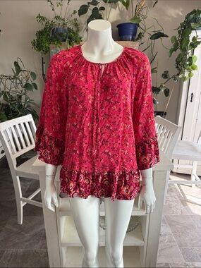 Papillon Boho Floral Tie-Neck Peasant Blouse - Pink small